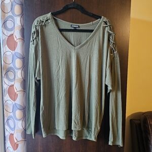 Express Olive Lace-Up Sleeve V-Neck Blouse